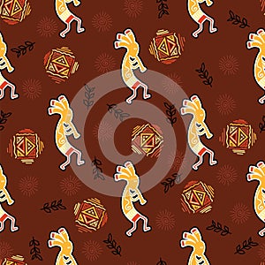 Injun playing music on pipe and ritually dancing on ethical pattern background. Seamless pattern red indian man on brown photo