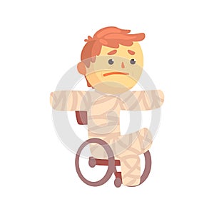 Injured boy character in gypsum sitting in a wheelchair suffering from pain cartoon vector illustration