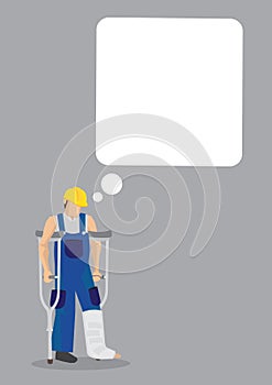 Injured construction worker with blank thinking bubble with empty copy space on grey background.