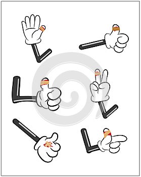 Injured finger, hand vector set. Wound with adhesive plaster and red blood puddle. Illustration on white background