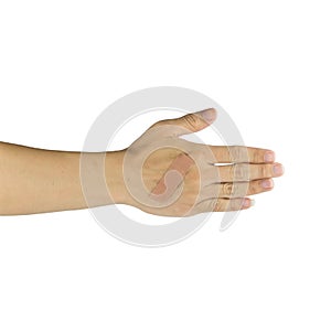 Injured hand and finger covered by plaster on white background