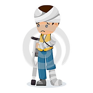 Injured industrial construction worker with bandages and cast on leg, arm and head after workplace accident. Industrial safety and