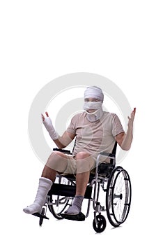 Injured man in wheel-chair isolated on white