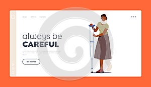 Injured Patient Landing Page Template. Sick Woman with Leg Fracture and Neck Injury Walk with Crutch Vector Illustration