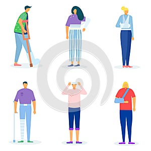 Injured person, isolated on white set, vector illustration. Man woman patient character with injury, disabled person in