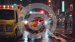 injured shaken woman on gurney by EMT vehicles photo
