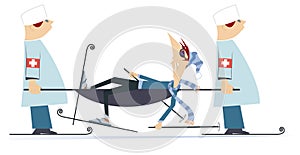 Injured skier and two physicians with a stretcher illustration