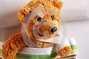 Injured teddy bear with bandaged arm and head