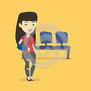 Injured woman with broken arm vector illustration.