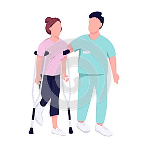 Injured woman on crutches and doctor flat color vector faceless character