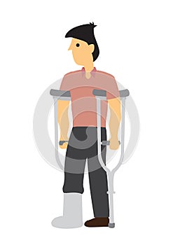Injured young man with crutches. Concept of injury or misfortune photo