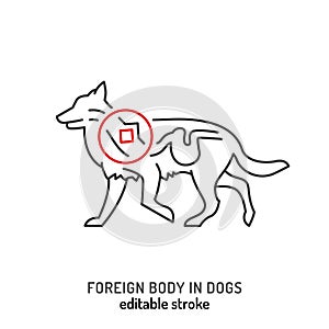 Injuries in dogs. Foreign body trauma icon, pictogram.