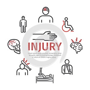 Injury banner, line icons set. Infographic. Vector signs for web graphics. photo