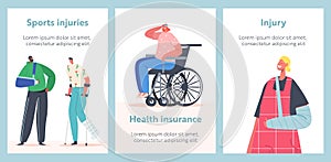 Injury Cartoon Posters, Injured Male and Female Characters, Woman on Wheelchair, Patients with Broken Hand and Leg