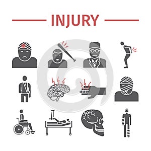 Injury flat icons set. Infographic. Vector signs for web graphics.