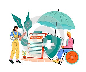 Injury health insurance with disabled people, flat vector illustration isolated