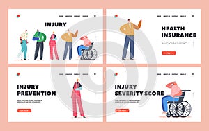 Injury Landing Page Template Set. Injured Characters Woman on Wheelchair, Patient with Broken Hand and Leg, Neck Bandage