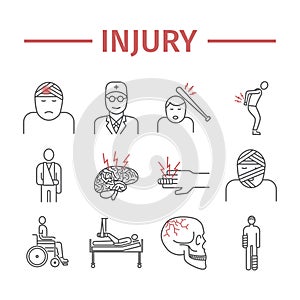 Injury line icons set. Infographic. Vector signs for web graphics.