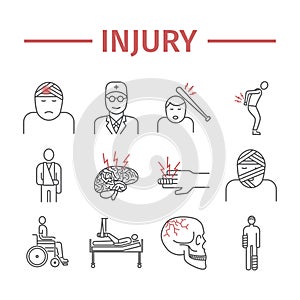 Injury line icons set. Infographic. Vector signs for web graphics. photo