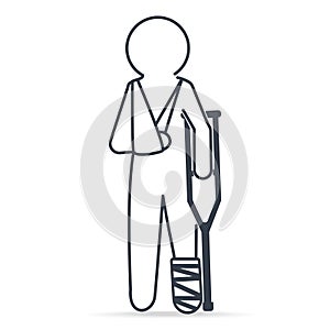 Injury man in bandage and crutch icon. Medical sign simple line icon