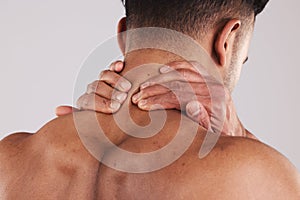 Injury, neck and hands of man in pain feeling muscle tension, inflammation and spine for treatment marketing. Accident