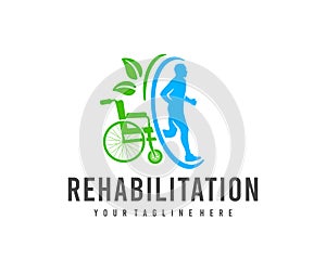 Injury rehabilitation, wheelchair and healthy person, logo design. Medical, healthcare and traumatology, vector design photo
