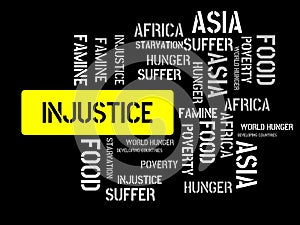 INJUSTICE - JUSTICE - image with words associated with the topic FAMINE, word cloud, cube, letter, image, illustration