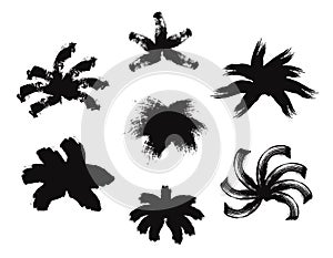 Ink abstract palm foliage. Grunge brushes black bushes, isolated hand drawn prints. Design elements, vector decorative