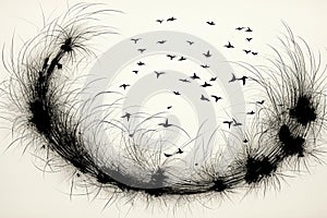 An ink artwork of birds flying on a beige background