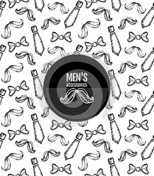 Ink black hand drawn seamless with mans accessories : bow tie,tie, mustache, hipster, men`s fashion and style, pattern