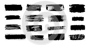 Ink blob brush. Black paint strokes with dirty grunge texture, brush stains splatters and drips. Vector isolated set of