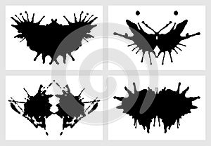 Ink blot for psychiatric evaluations. Rorschach test. Vector set of grunge abstract black spots