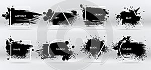 Ink blots. Abstract shapes, frames with black brushstroke grunge texture. Isolated border vector set