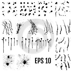 Ink blots. Inked splatter drops isolated on white background, vector black drip spots or wet spots, spray brush texture set