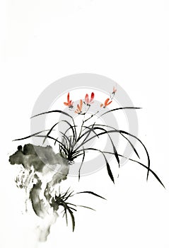 Ink brush painting of wild orchid in Chinese traditional art style