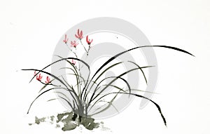 Ink brush painting of wild orchid in Chinese traditional art style