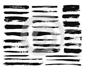 Ink brush stroke. Dry paint long smear, black stains. Isolated textured straight lines or art grunge design elements