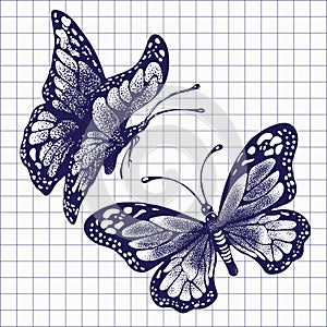 Ink butterflies, hand drawing ballpoint pen drawn in checkered notebook, set doodle insect sketch. Blue painted graphic butterfly