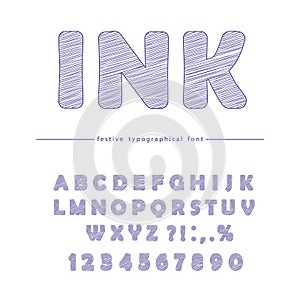 Ink doodle font design isolated on white. Capital ABC letters and numbers.