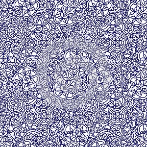 Ink doodle seamless blue flowers on paper. Abstract endless pattern.