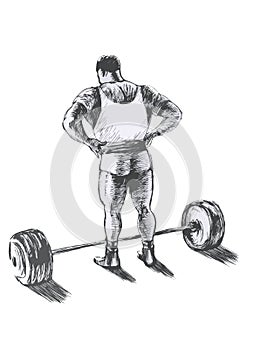 Ink drawing. Athlete in front of the barbell.