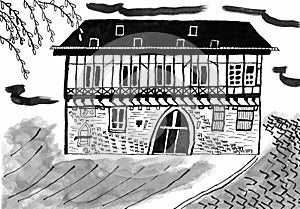 Ink Drawing Half Timbered House in Erfurt, Germany