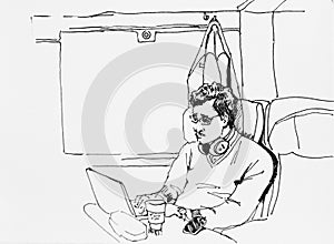Ink drawing sketch of business man in the train working with his