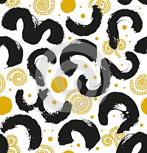 Ink drawn abstract pattern. Seamless background with black splashes and golden spirals