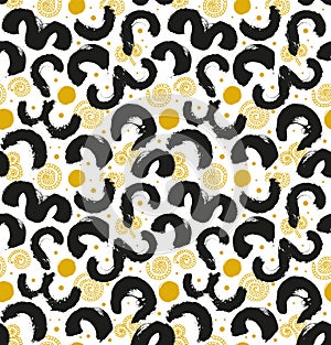 Ink drawn abstract pattern. Seamless background with black splashes and golden spirals.