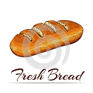 Ink drawn colored wheat bread isolated on white backdrop. traditional loaf of bread doodle icon. Vector sketch in