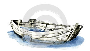 Ink drawn wooden leaky boat in water