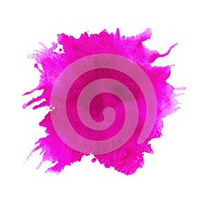 Ink drop isolated on white background. Pink color. Fuchsia spot. Abstract hand drawn watercolor background. Grunge texture for tex
