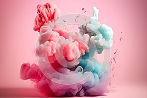 Ink explosion, vivid colors, colorful smoke and dust on a pastel pink background. Minimal shape of colorful dense clouds