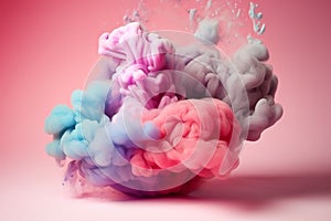 Ink explosion, vivid colors, colorful smoke and dust on a pastel pink background. Minimal shape of colorful dense clouds